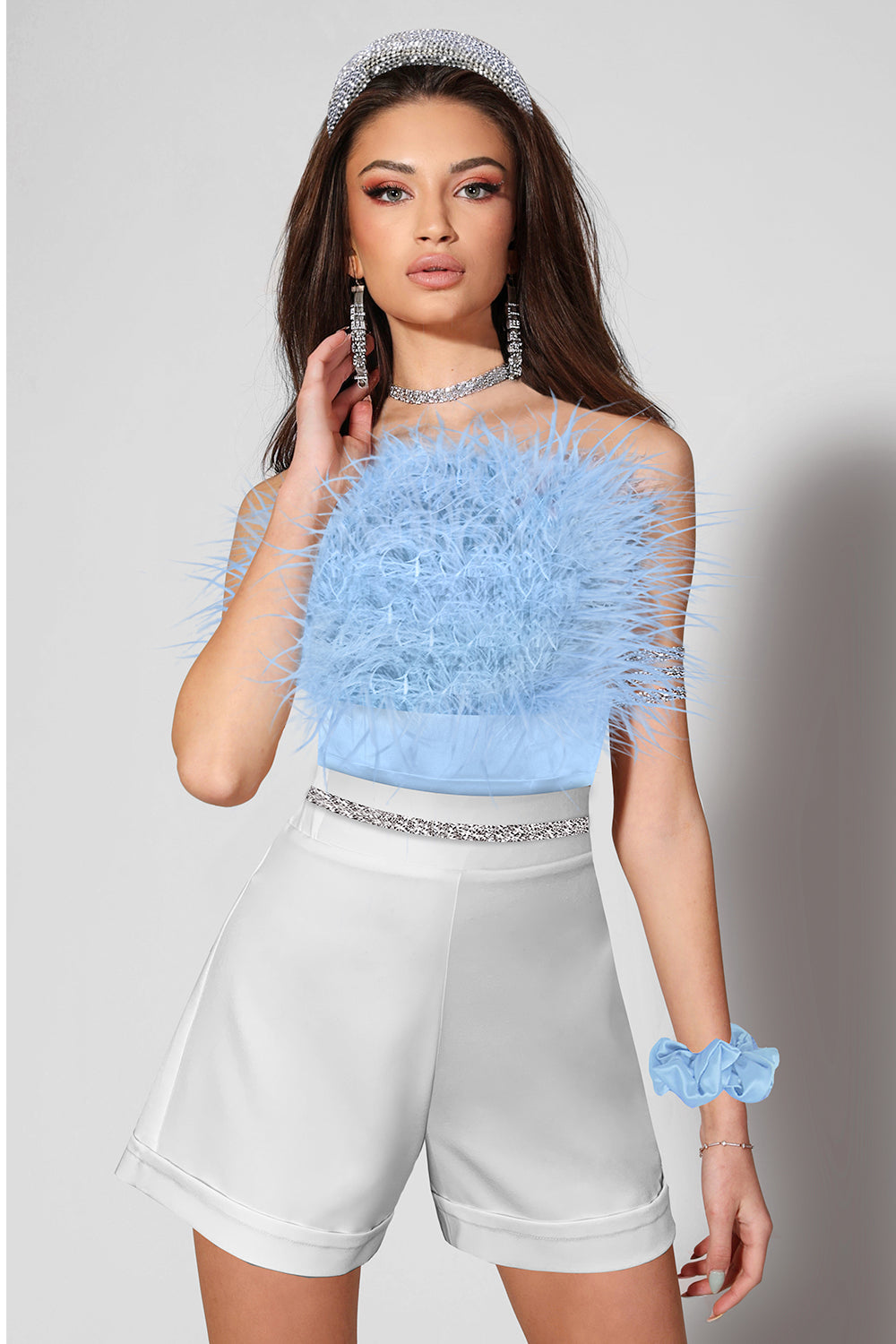MINI CROP TOP FEATHERS SATIN LIGHT BLUE