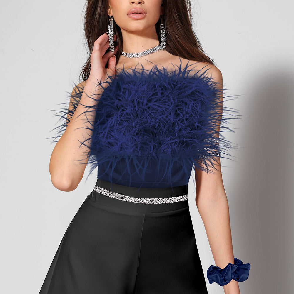MINI CROP TOP FEATHERS SATIN DARK BLUE