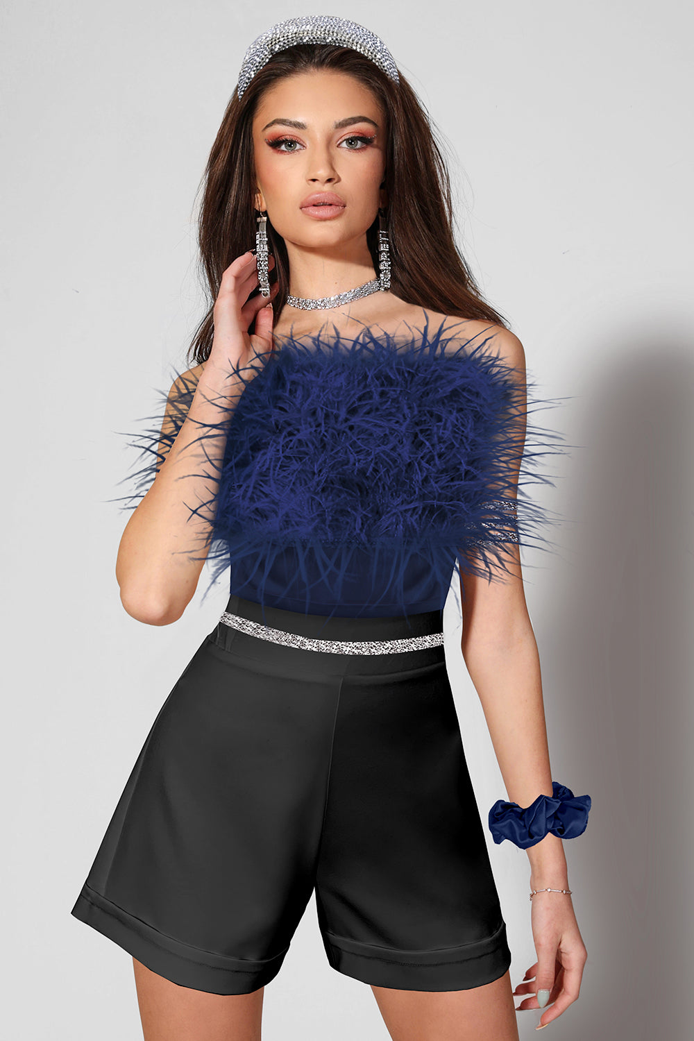 MINI CROP TOP FEATHERS SATIN DARK BLUE