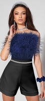MINI CROP TOP FEATHERS SATIN DARK BLUE