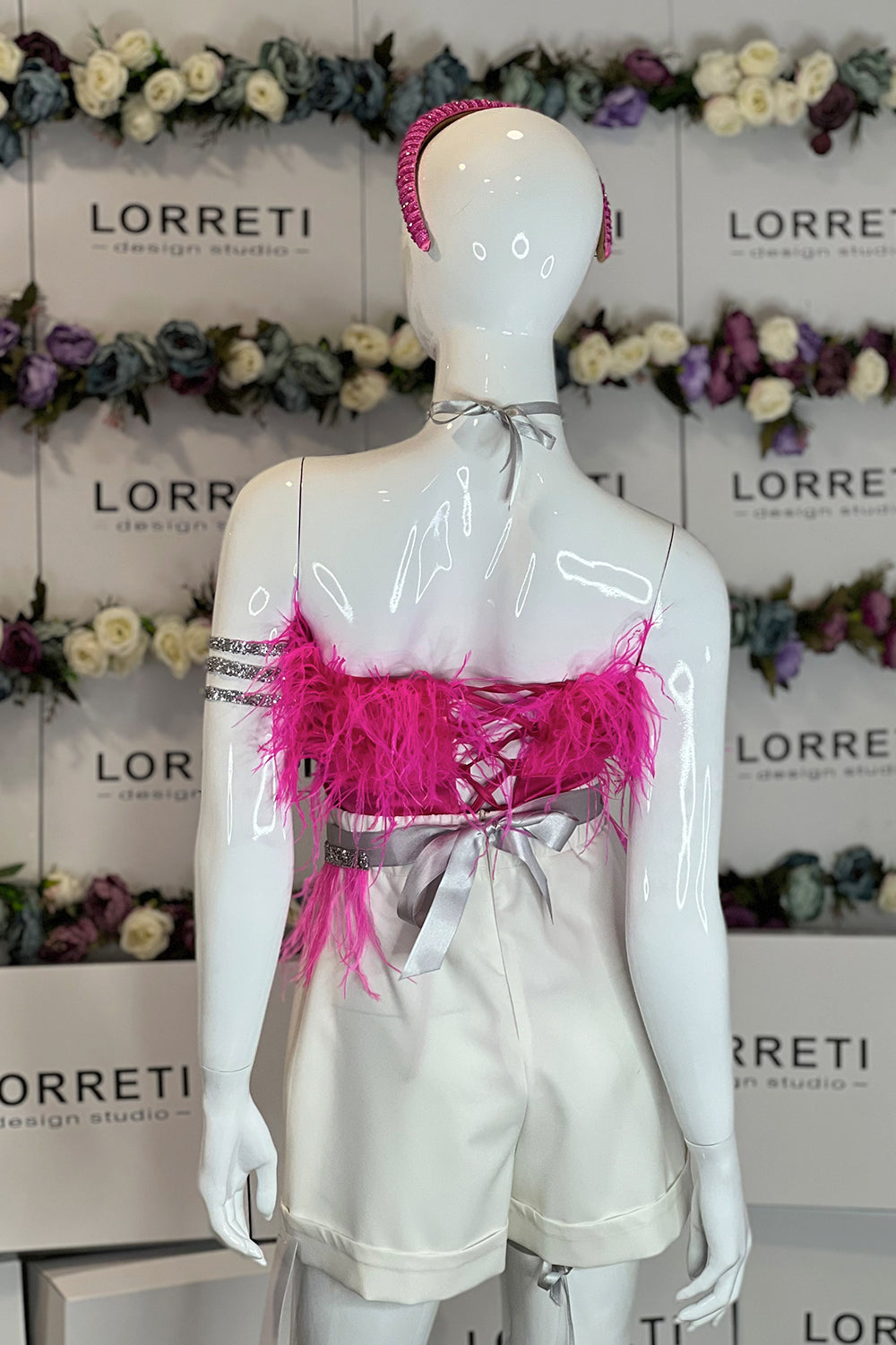 MINI CROP TOP FEATHERS SATIN HOT PINK