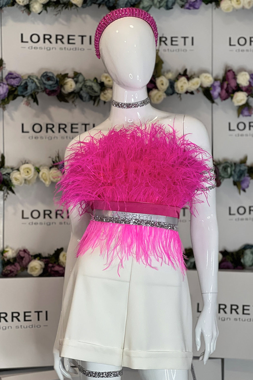 MINI CROP TOP FEATHERS SATIN HOT PINK