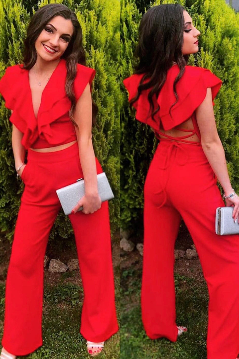 MAXI CROP TOP AND PANTS SET 2 PARTS TRICOT RED