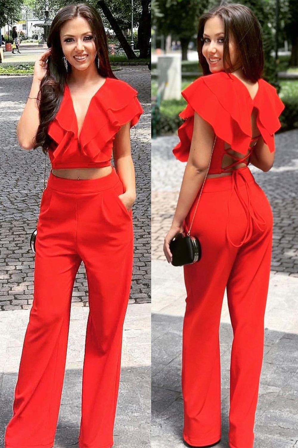 MAXI CROP TOP AND PANTS SET 2 PARTS TRICOT RED