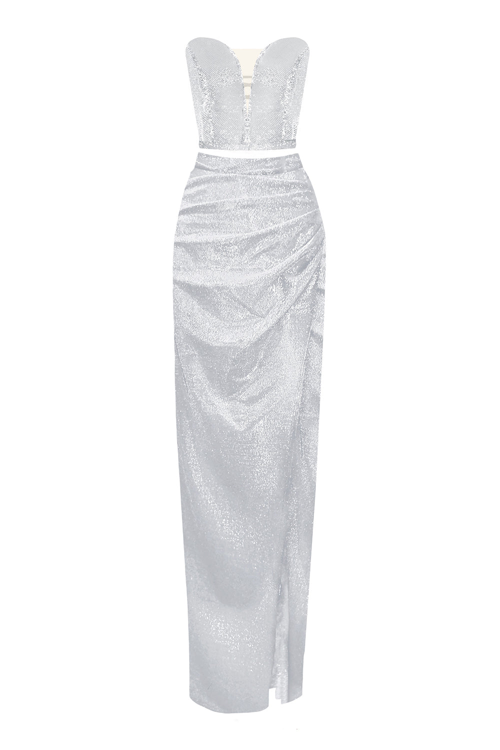 MAXI SKIRT AND CROP TOP SET 2 PARTS SIANA LAME SILVER