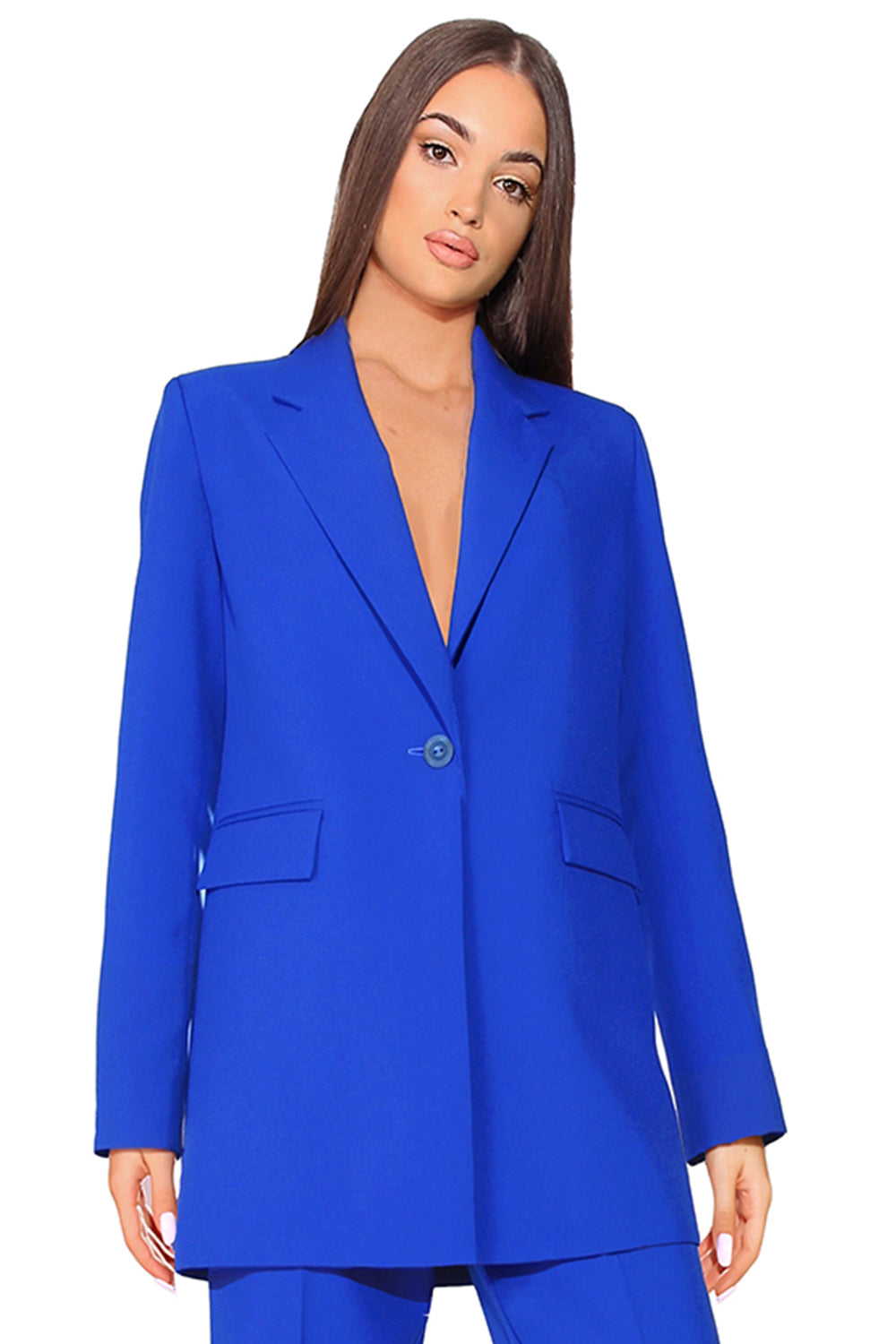MAXI BLAZER AND PANTS SET 2 PARTS BOSSY BI-STRETCH FABRIC COBALT BLUE