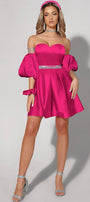 MINI SKIRT AND CROP TOP SET MARYLIN SATIN HOT PINK