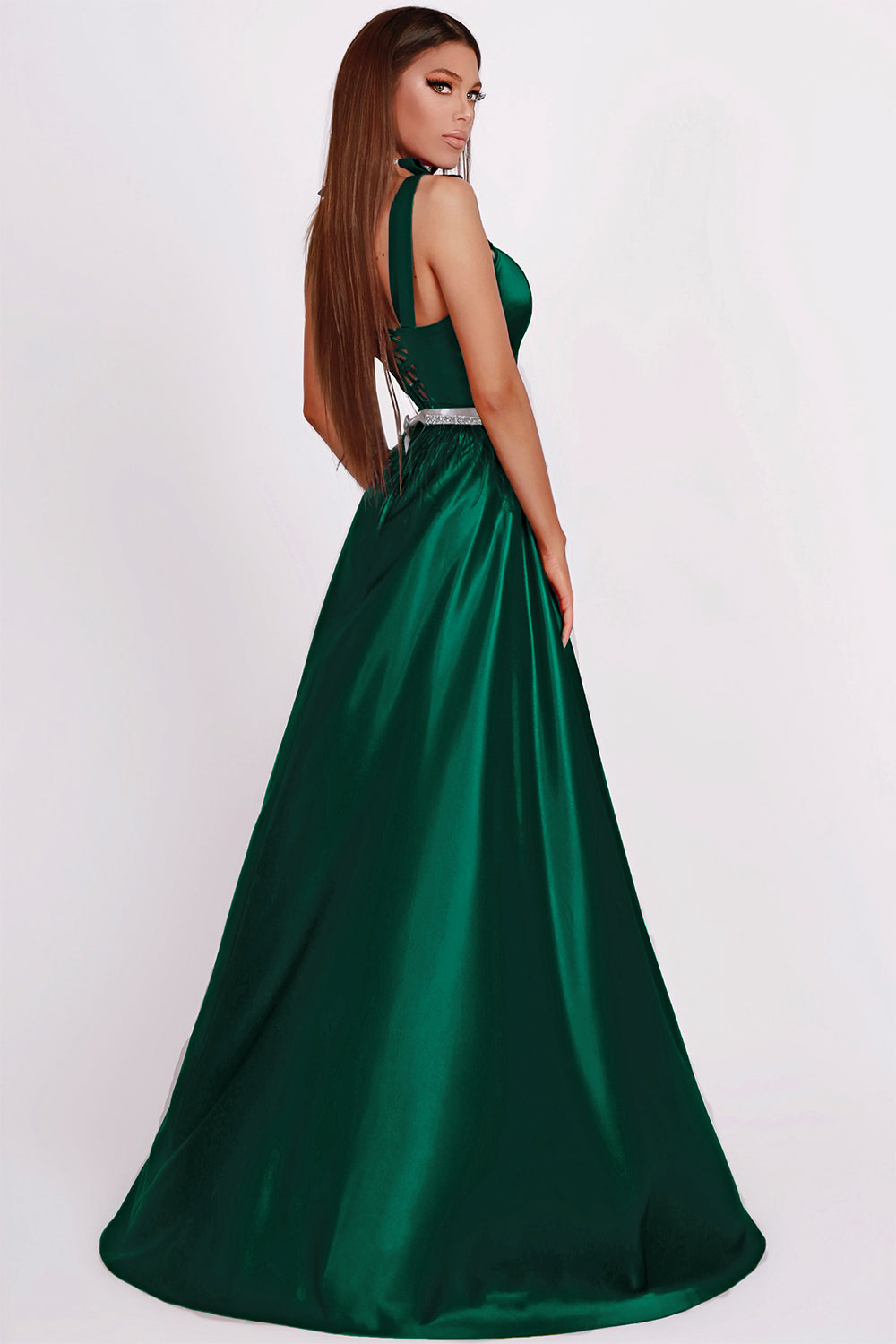 MAXI SKIRT AND CROP TOP SET MARILYN 2 PARTS SATIN DARK GREEN