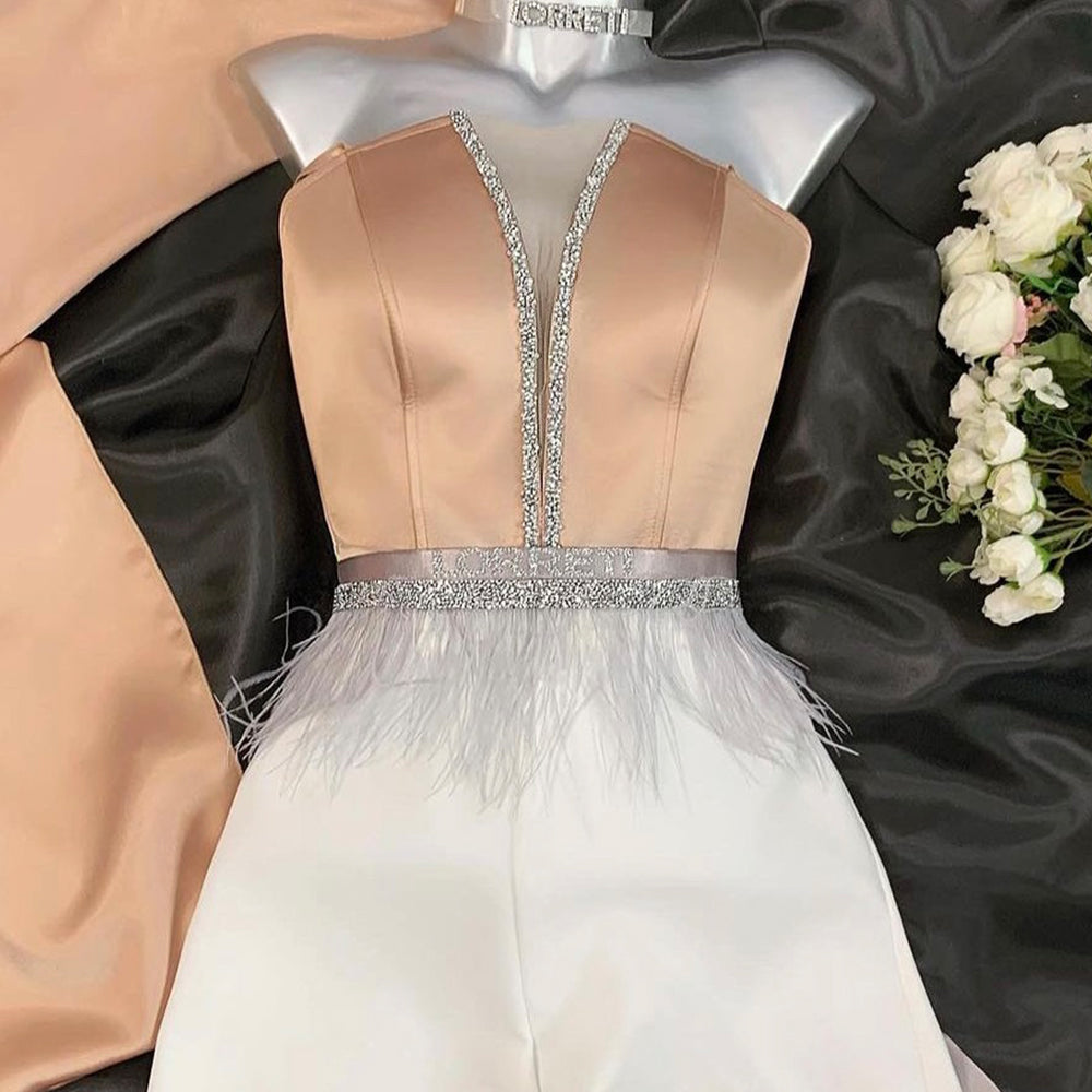 MINI CROP TOP AND PANTS SET 2 PARTS TRICOT SATIN ROSE GOLD AND WHITE