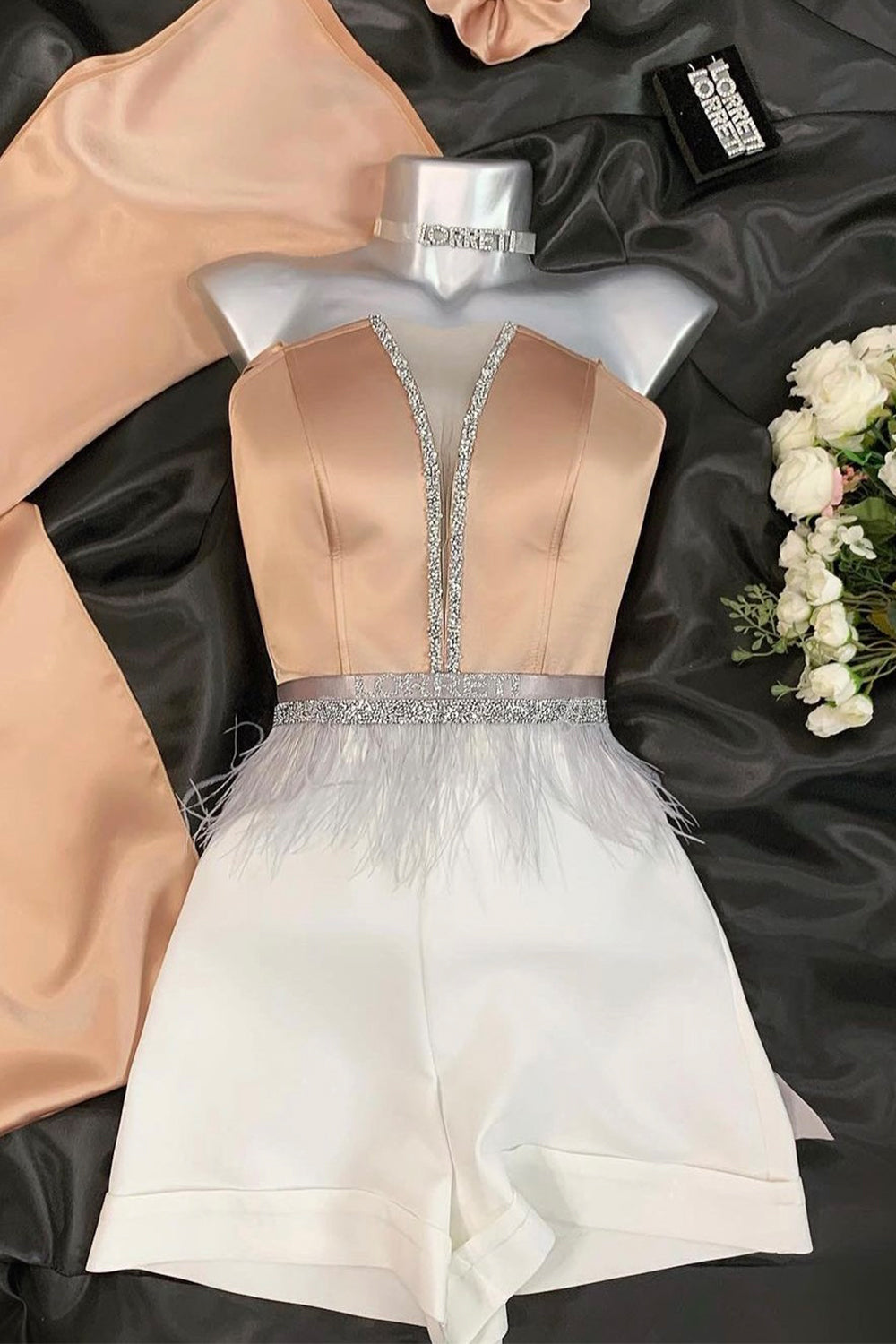 MINI CROP TOP AND PANTS SET 2 PARTS TRICOT SATIN ROSE GOLD AND WHITE