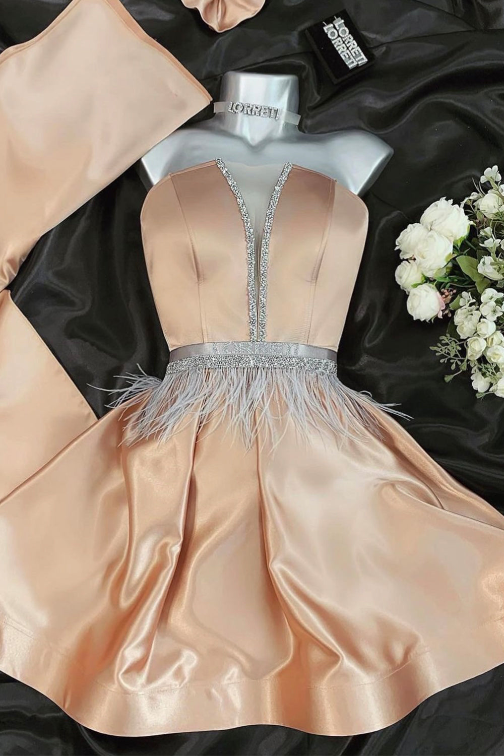 MINI SKIRT AND CROP TOP SET CRYSTAL SATIN ROSE GOLD