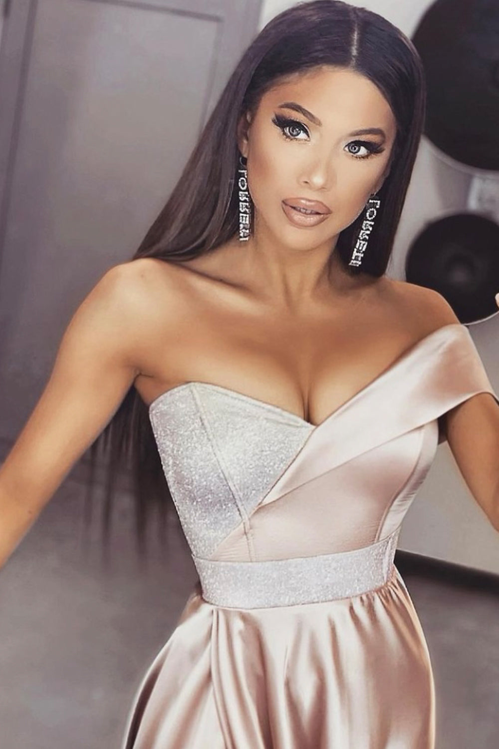 MAXI SKIRT AND CROP TOP SET ALEXIA SATIN LAME POWDER PINK