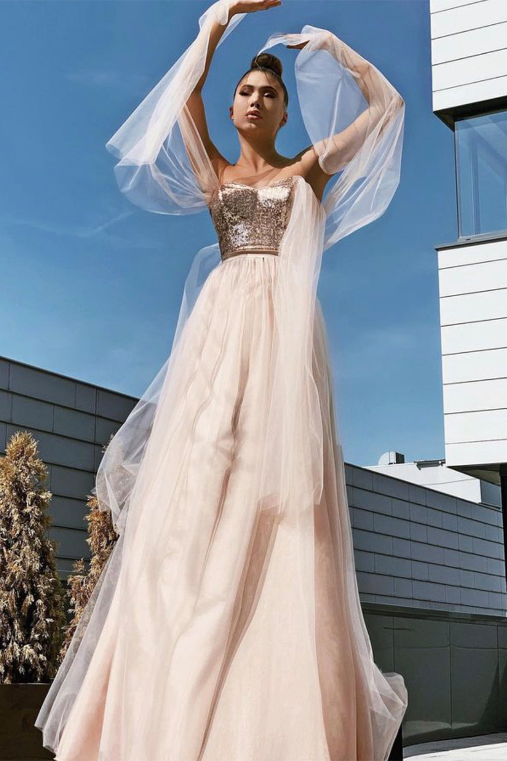 MAXI SKIRT AND CROP TOP SET REGINA SEQUIN TULLE ROSE GOLD
