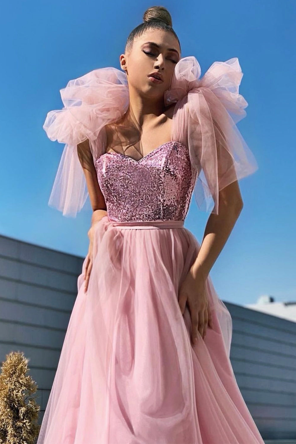 MAXI SKIRT AND CROP TOP SET REGINA SEQUIN TULLE ROSE ASH