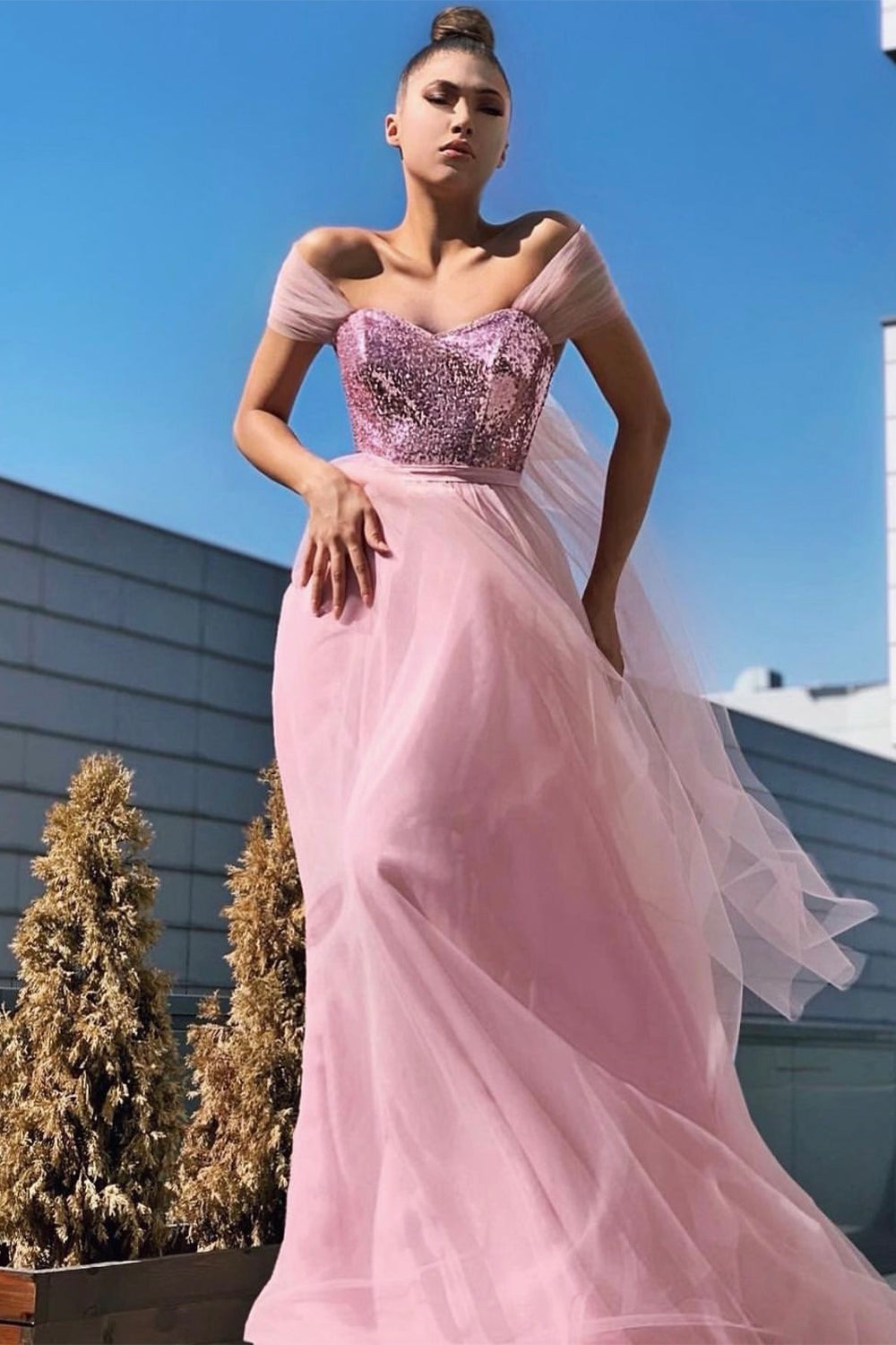MAXI SKIRT AND CROP TOP SET REGINA SEQUIN TULLE ROSE ASH