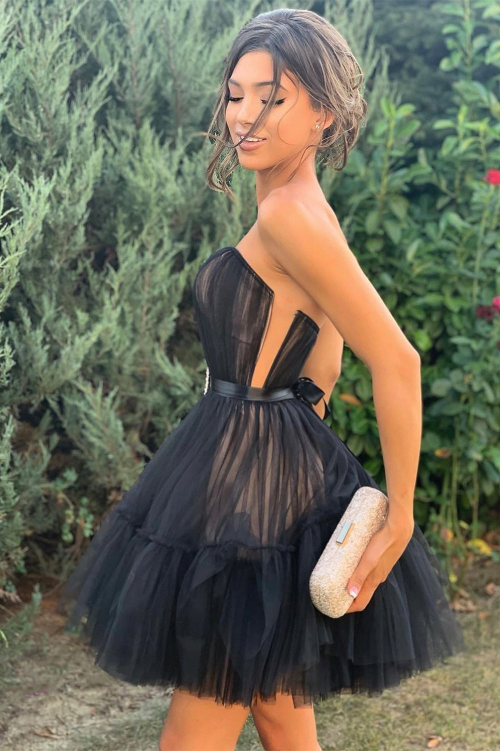 MINI SKIRT AND CROP TOP SET ANNALISE TULLE BLACK AND NUDE