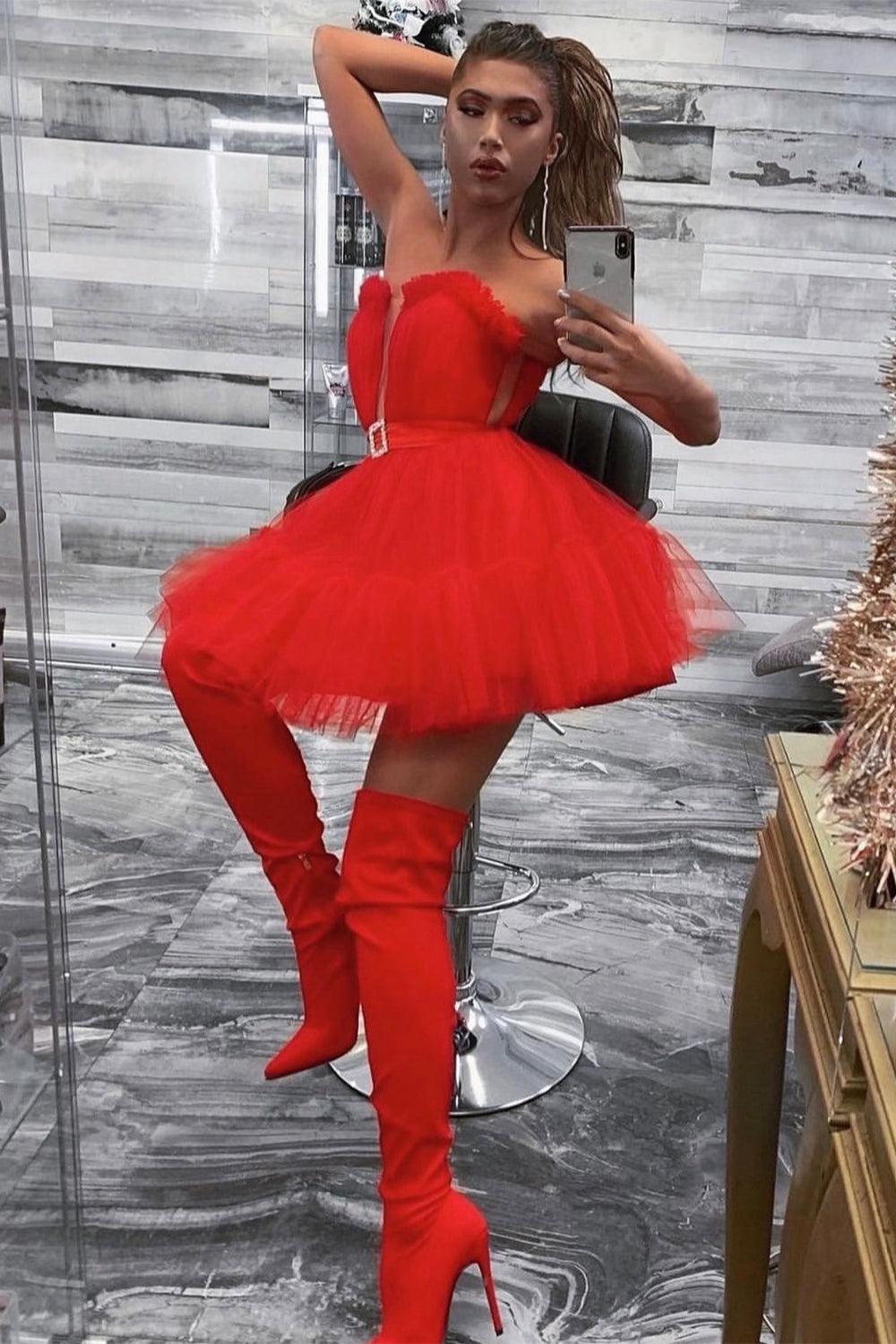 MINI SKIRT AND CROP TOP SET ANNALISE TULLE RED