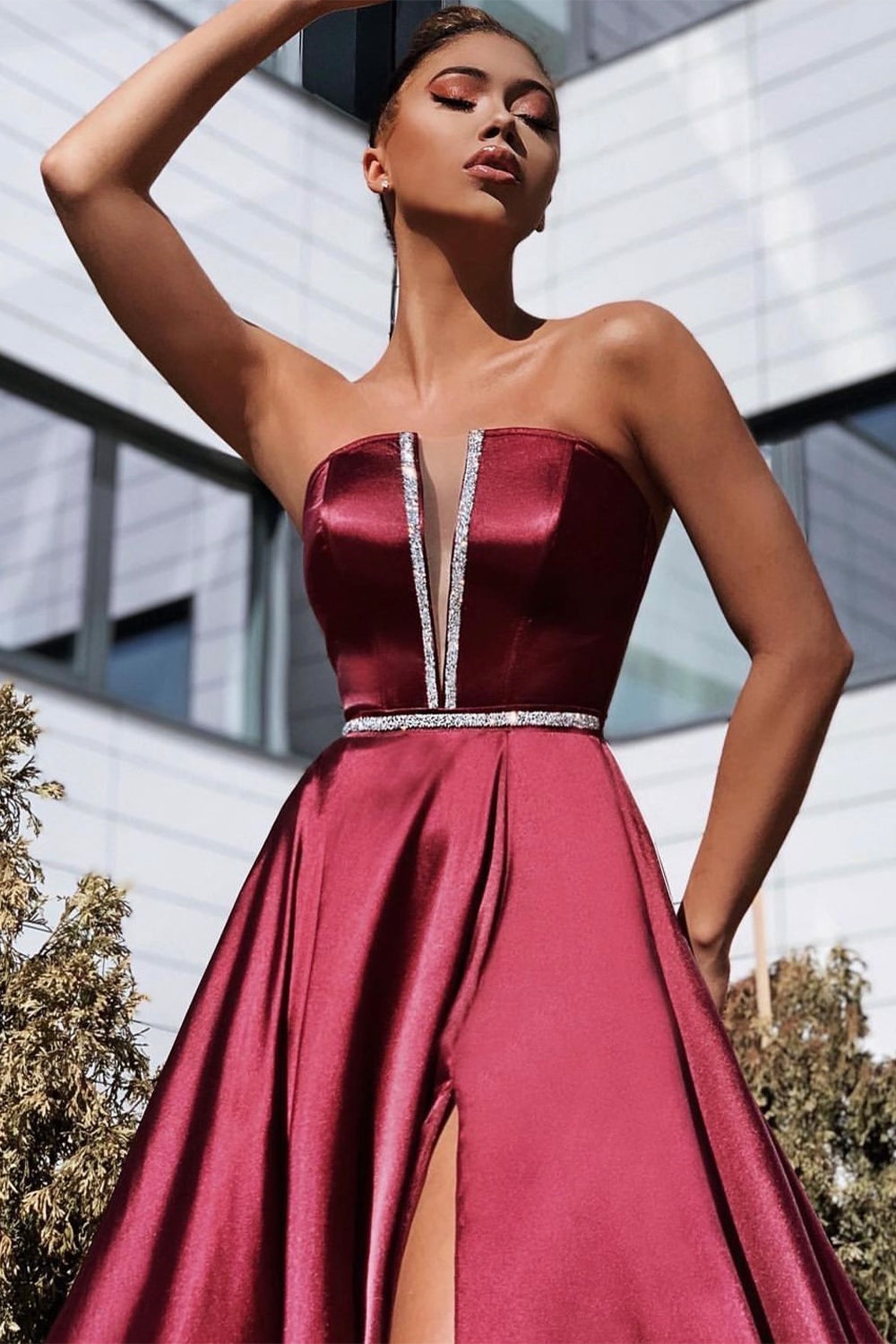 MAXI SKIRT AND CROP TOP SET CELIN SATIN BURGUNDY