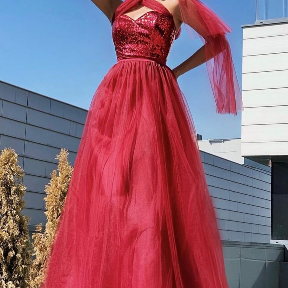 MAXI SKIRT AND CROP TOP SET REGINA SEQUIN TULLE BURGUNDY