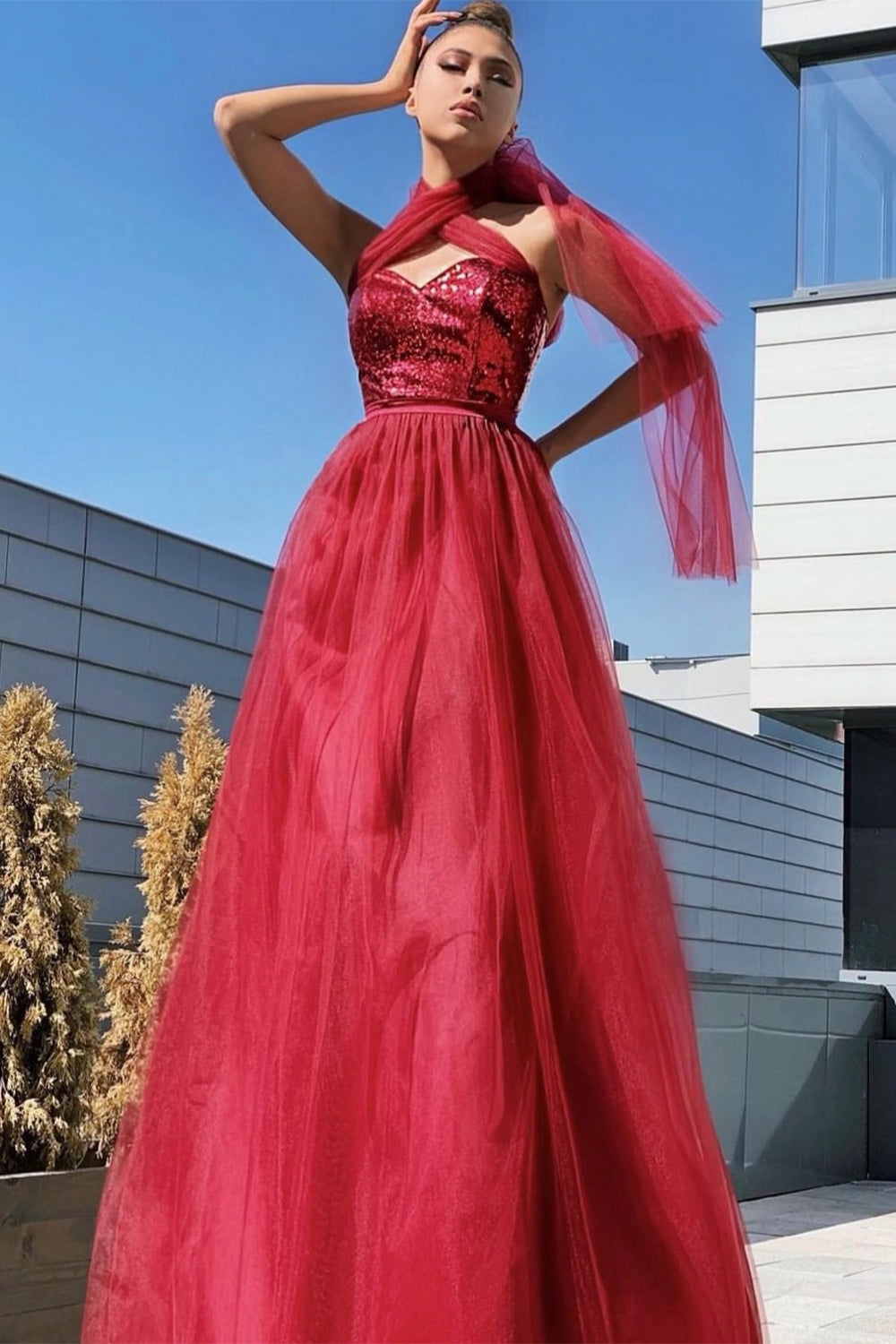 MAXI SKIRT AND CROP TOP SET REGINA SEQUIN TULLE BURGUNDY
