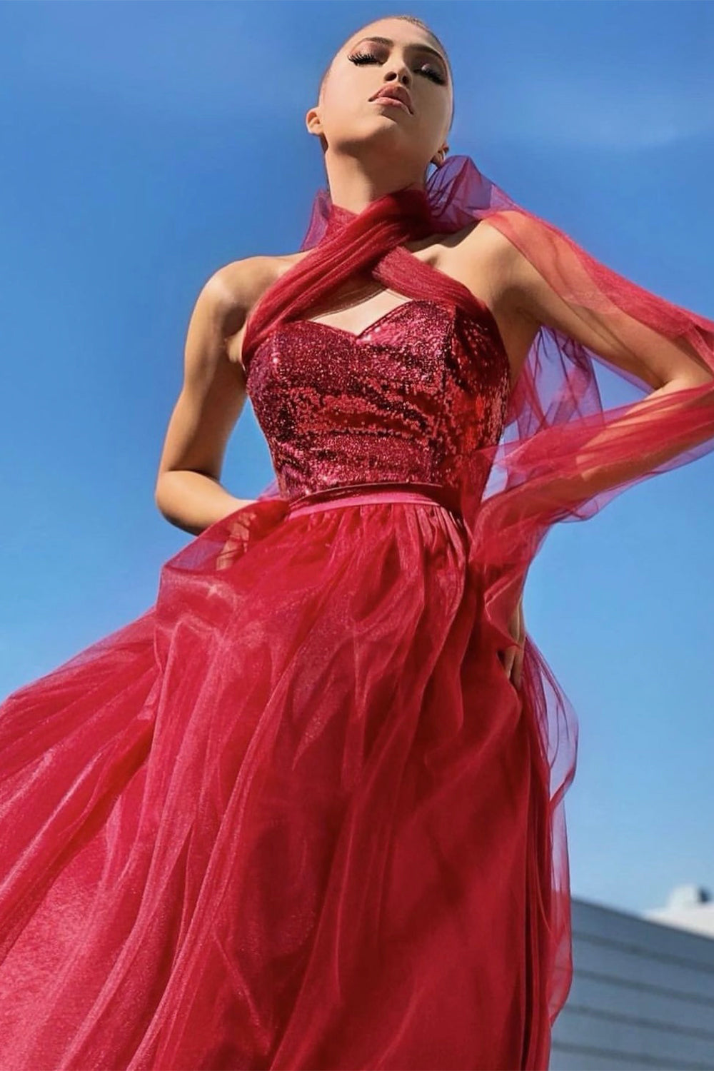 MAXI SKIRT AND CROP TOP SET REGINA SEQUIN TULLE BURGUNDY