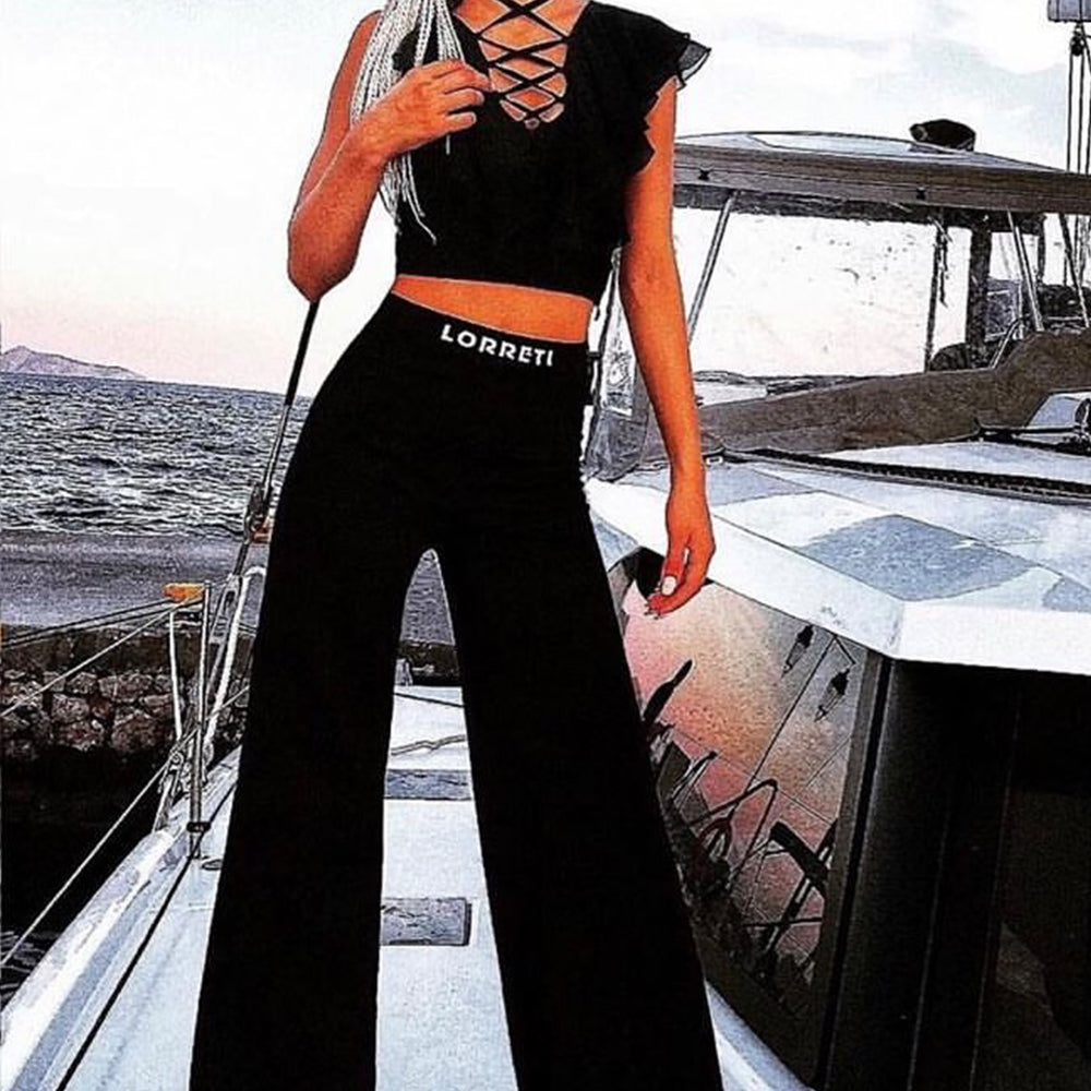 MAXI CROP TOP AND PANTS SET 2 PARTS BI-STRETCH FABRIC BLACK