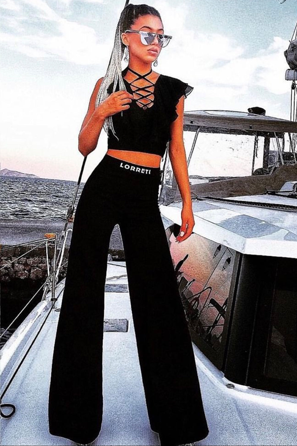 MAXI CROP TOP AND PANTS SET 2 PARTS BI-STRETCH FABRIC BLACK