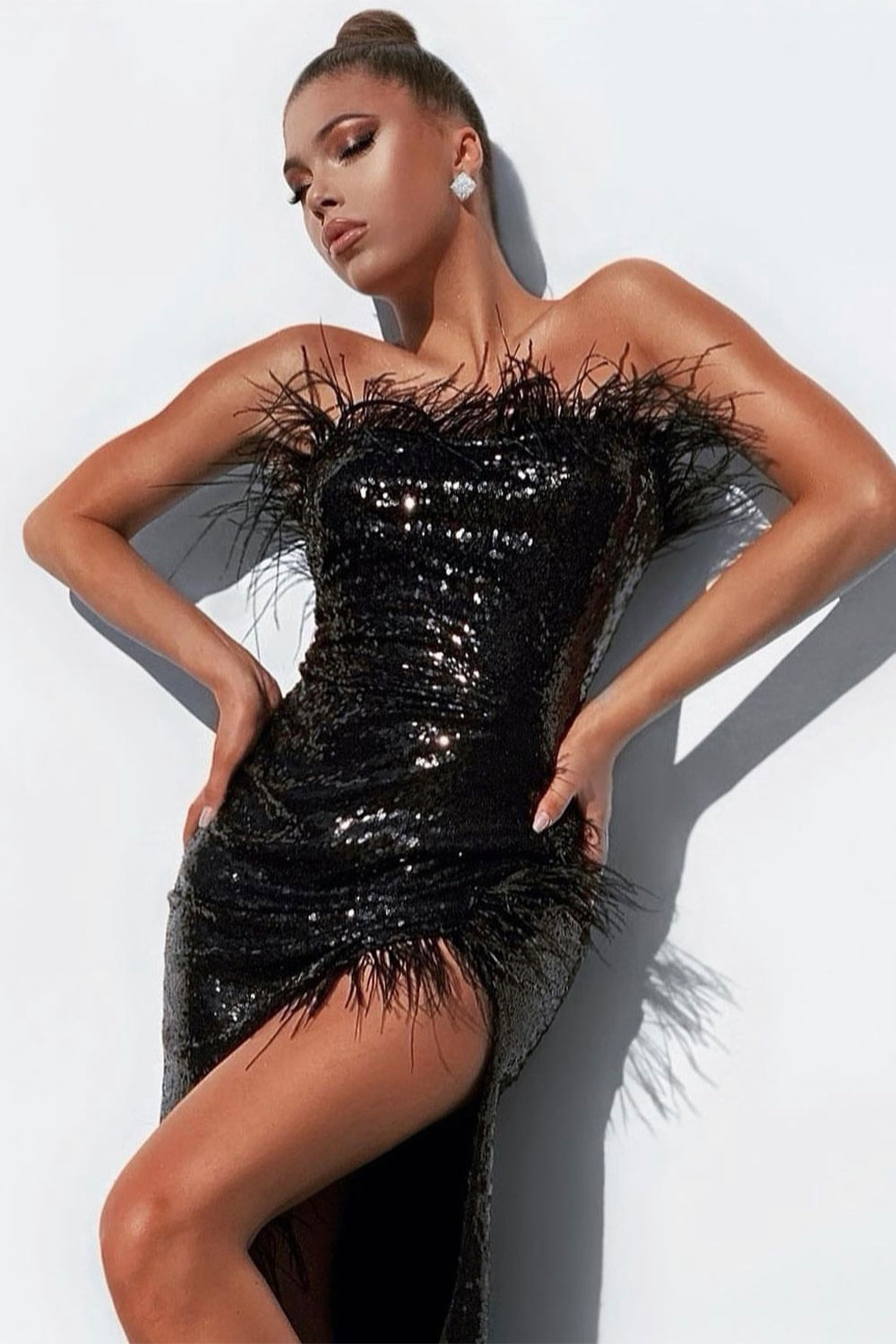 MAXI SKIRT AND CROP TOP SET FRANCESCA SEQUIN FEATHERS BLACK