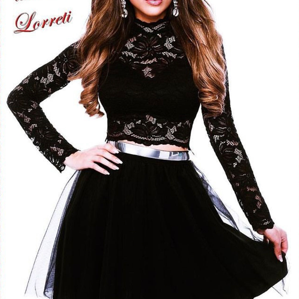 MINI SKIRT AND CROP TOP SET 2 PARTS LACE TULLE BLACK