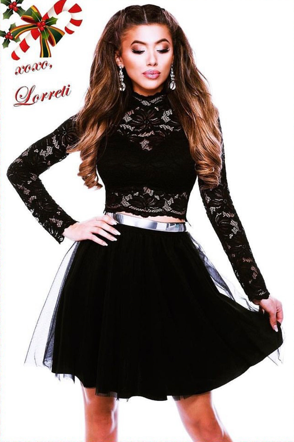 MINI SKIRT AND CROP TOP SET 2 PARTS LACE TULLE BLACK