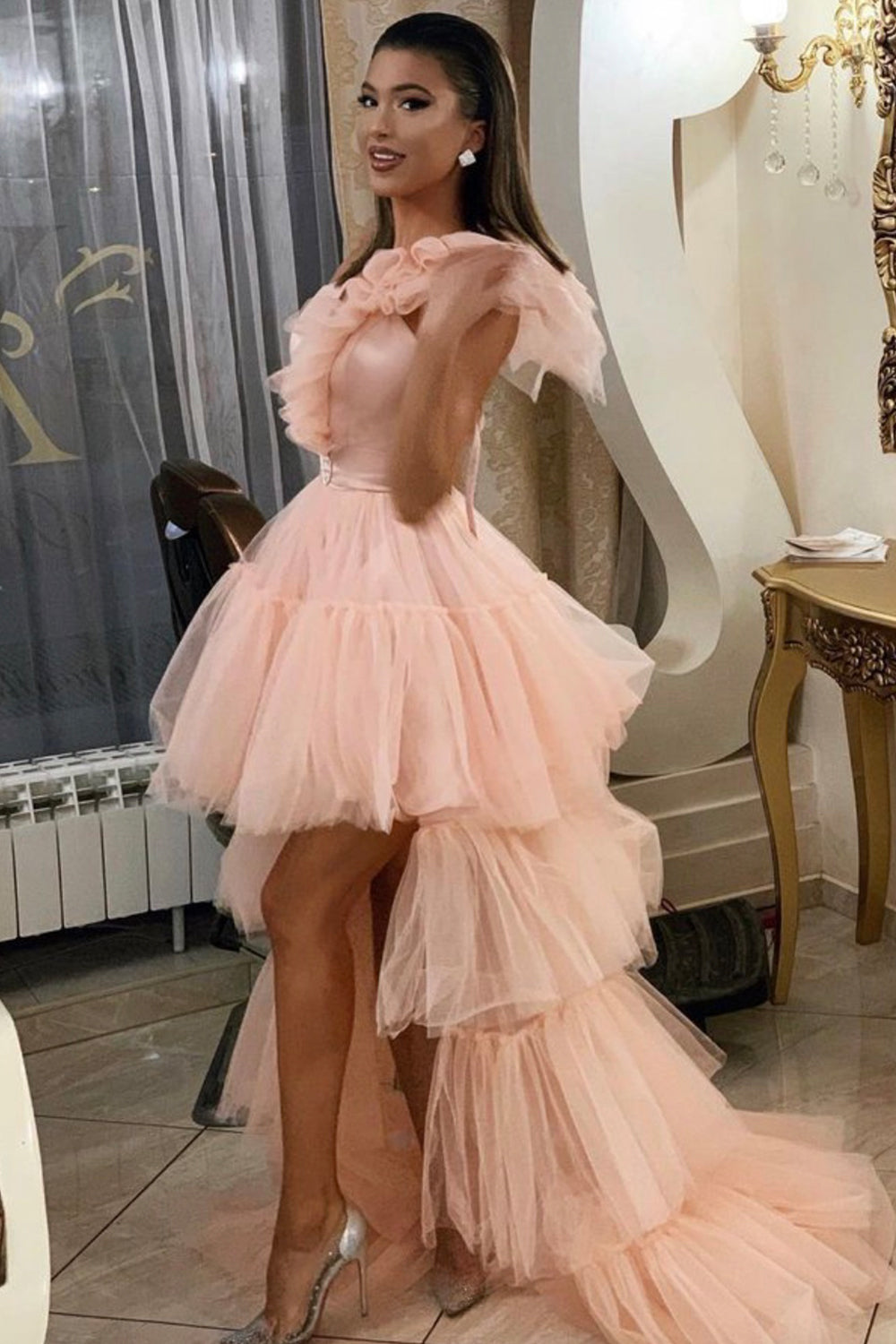 MAXI SKIRT AND CROP TOP SET 4 PARTS PAIGE SATIN TULLE POWDER PINK