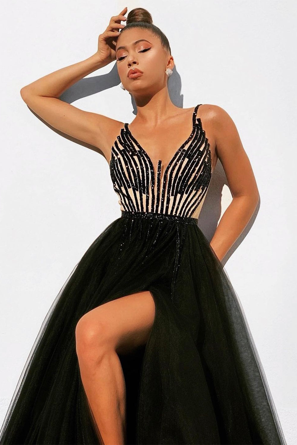 MAXI SKIRT AND CROP TOP SET ZAHIR SEQUIN TULLE BLACK AND NUDE