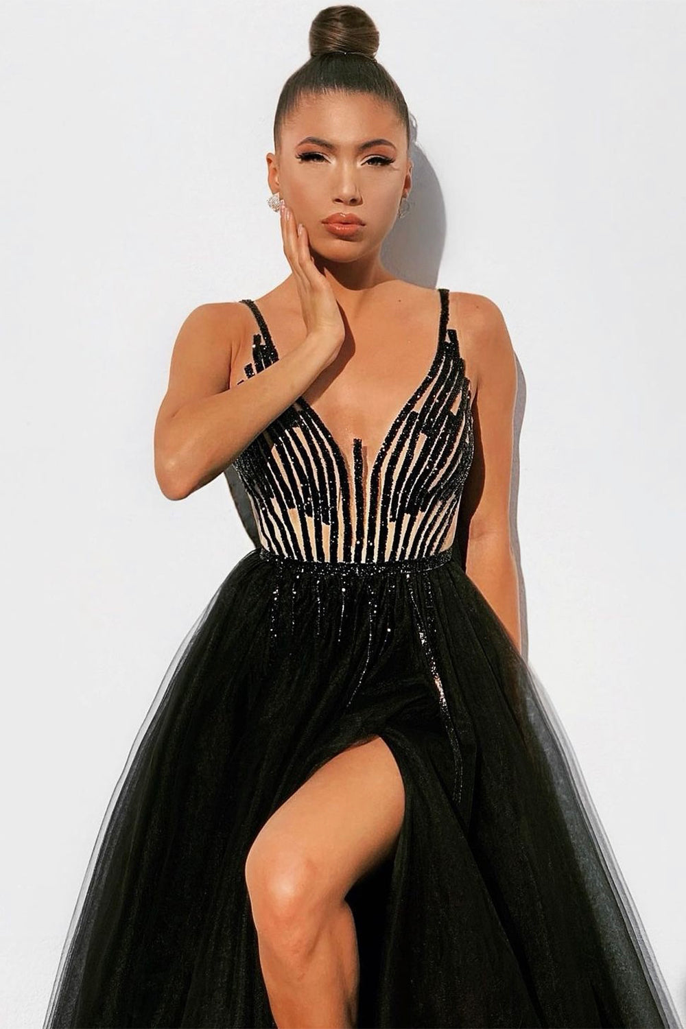 MAXI SKIRT AND CROP TOP SET ZAHIR SEQUIN TULLE BLACK AND NUDE