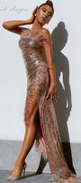MAXI SKIRT AND CROP TOP SET FRANCESCA SEQUIN FEATHERS ROSE GOLD