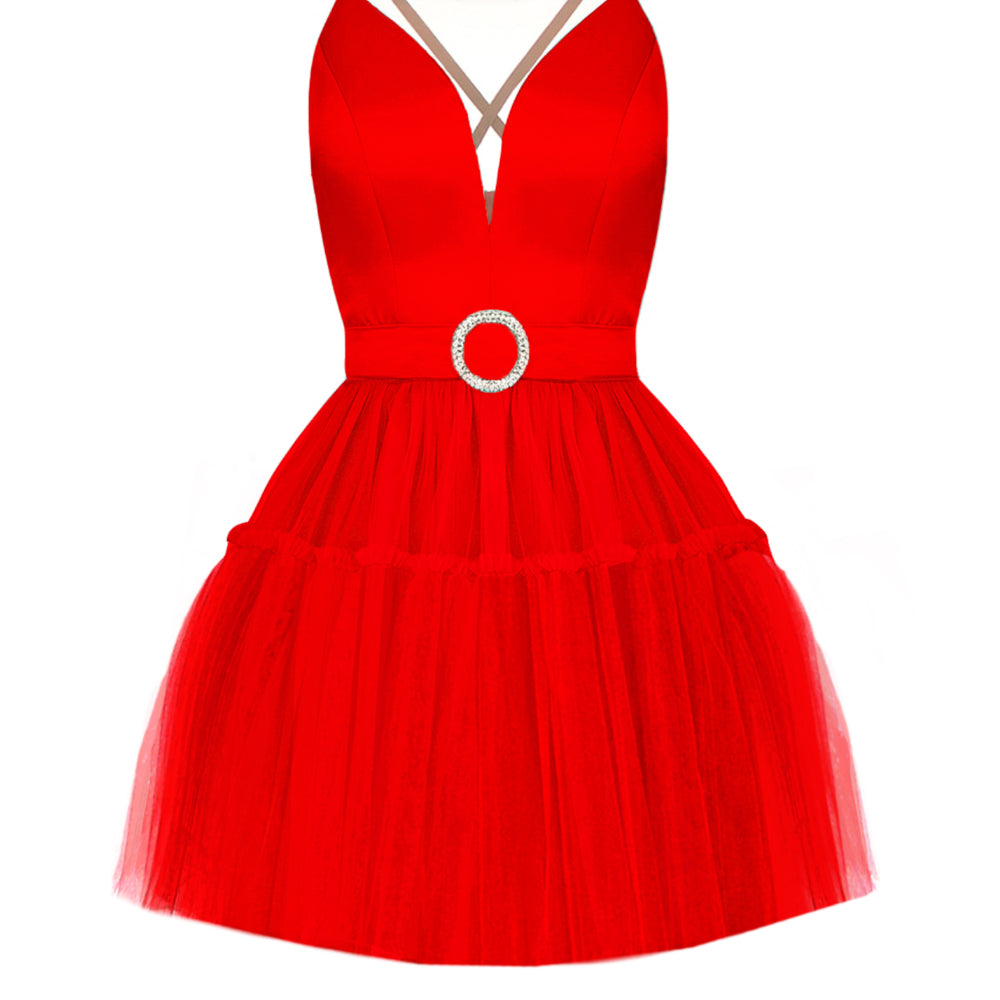 MINI SKIRT AND CROP TOP SET ANN SATIN TULLE RED
