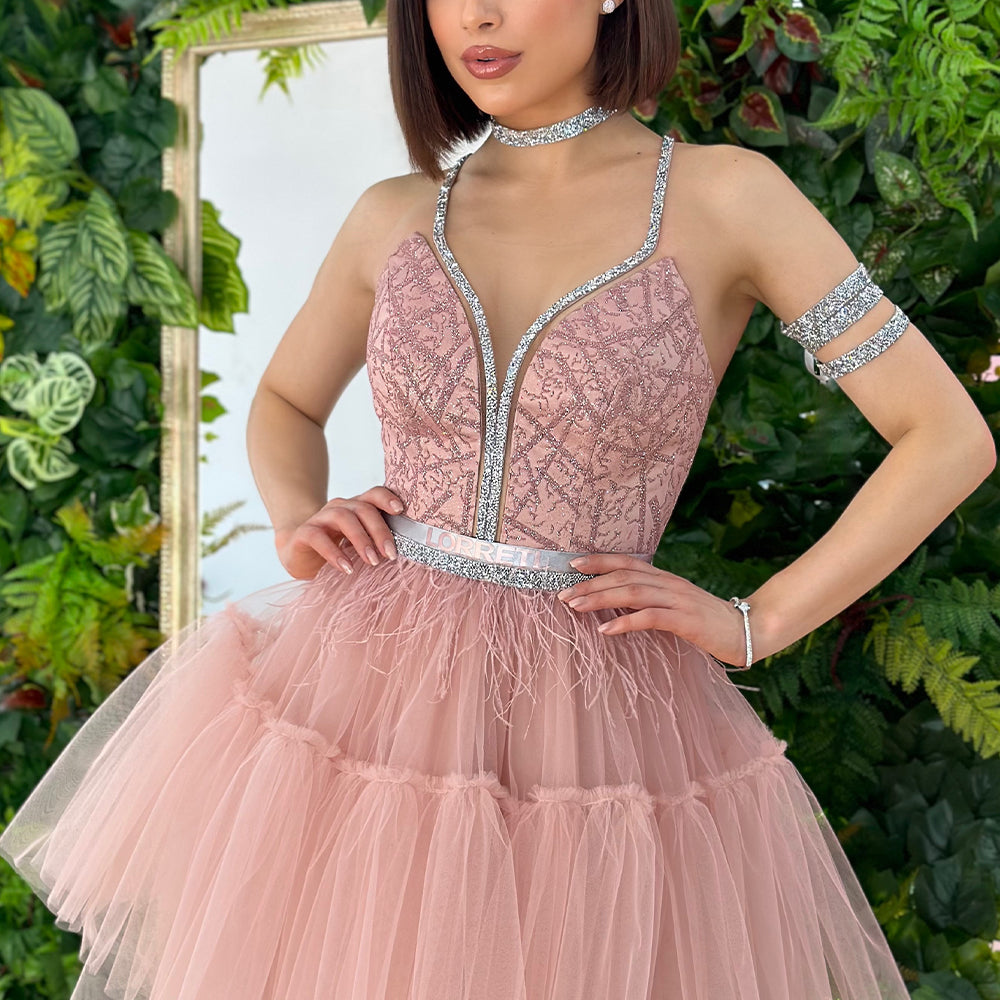 MINI SKIRT AND CROP TOP SET GWEN GLITTER LACE TULLE POWDER PINK