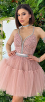 MINI SKIRT AND CROP TOP SET GWEN GLITTER LACE TULLE POWDER PINK