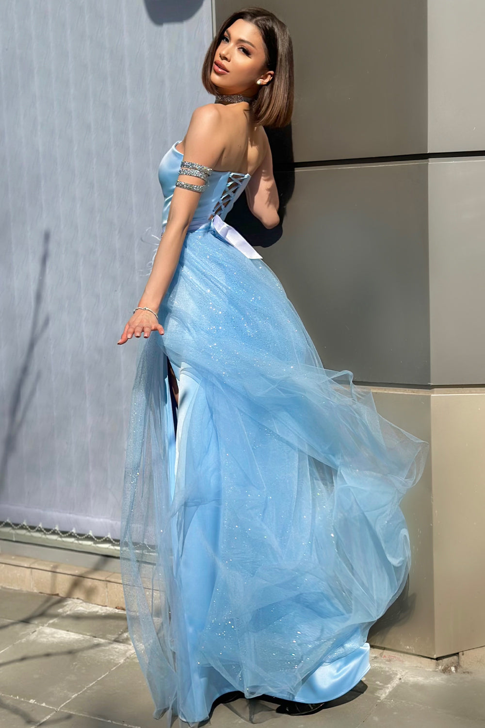 MAXI SKIRT AND CROP TOP SET FROZEN SATIN GLITTER TULLE LIGHT BLUE