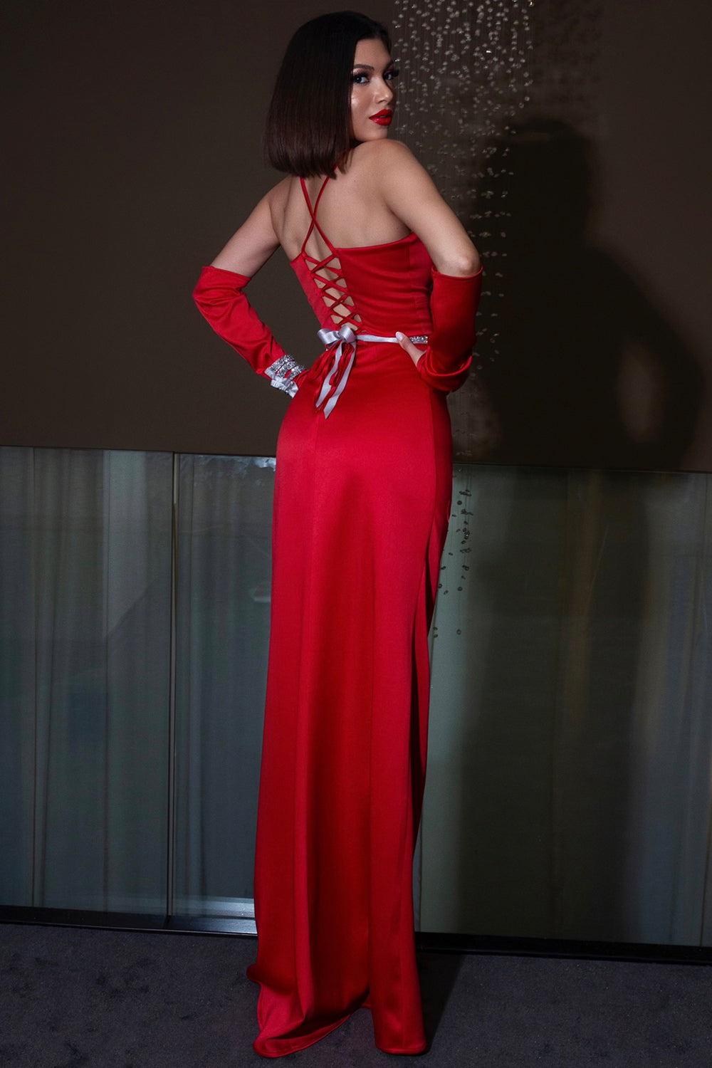 MAXI SKIRT AND CROP TOP SET EMRYN  SATIN RED