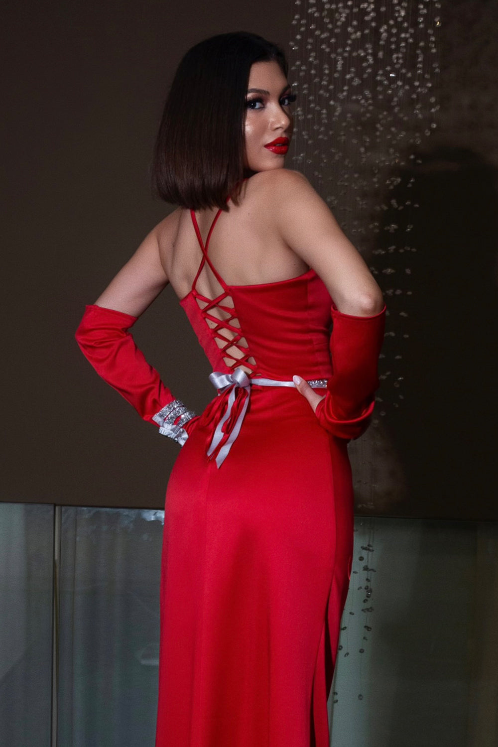 MAXI SKIRT AND CROP TOP SET EMRYN  SATIN RED