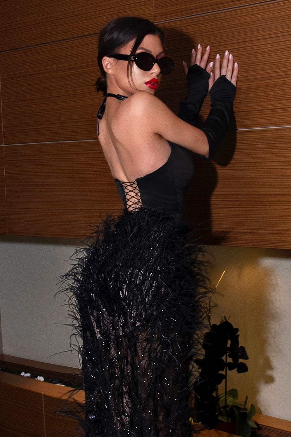 MAXI SKIRT AND CROP TOP SET ANDIE SATIN FEATHERS BLACK