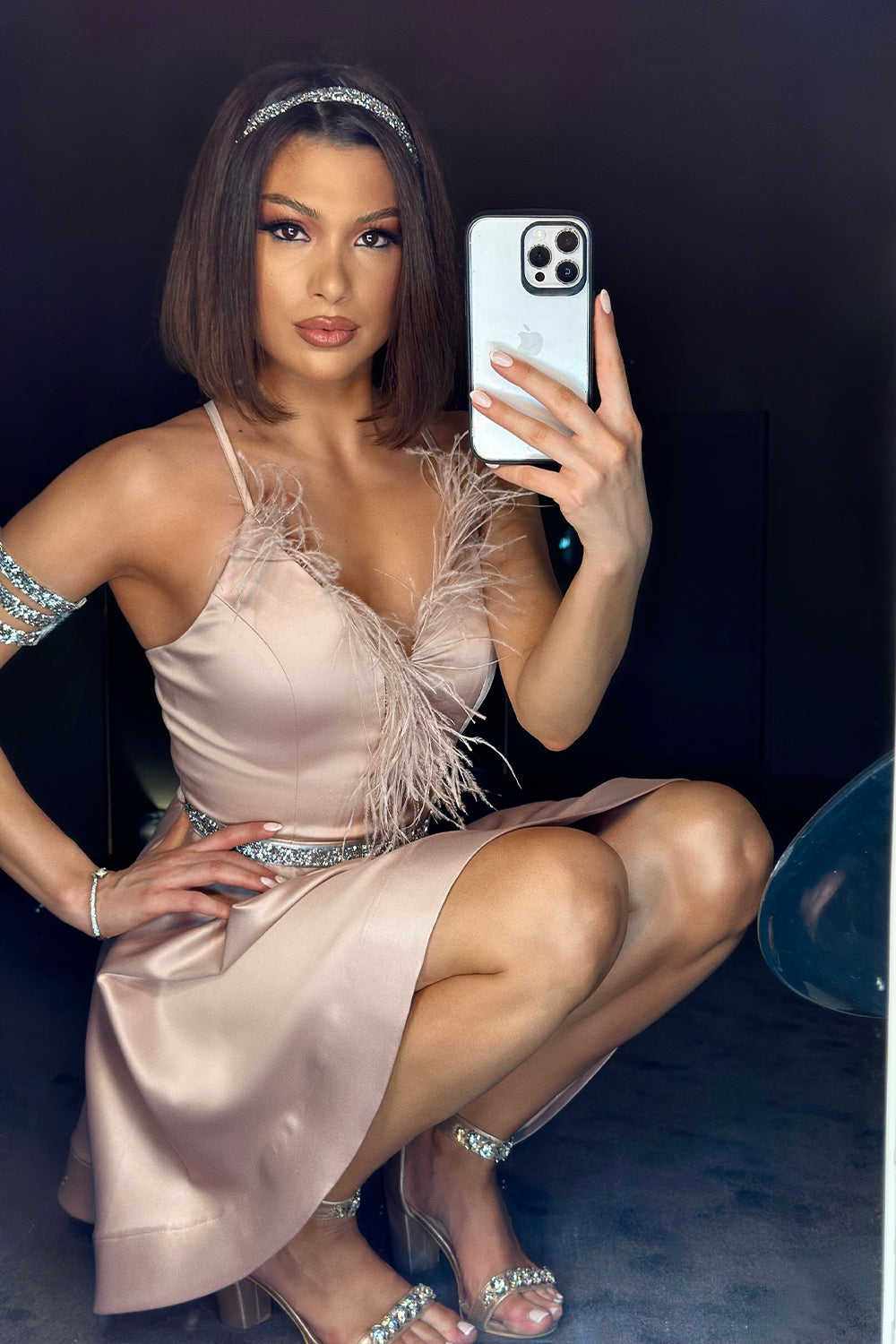MINI SKIRT AND CROP TOP SET ALLA SATIN FEATHERS POWDER PINK