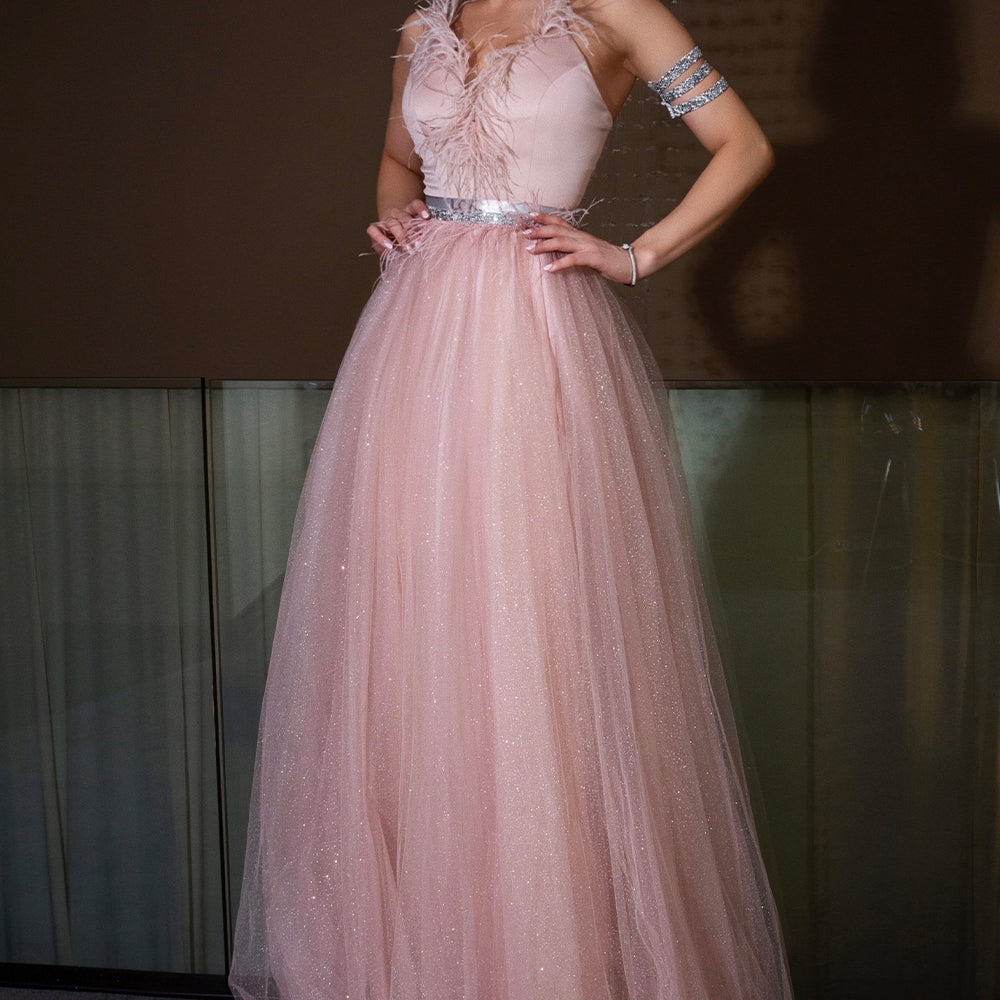 MAXI DRESS ANNE SATIN FEATHERS GLITTER TULLE POWDER PINK