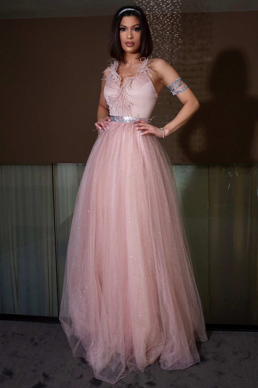 MAXI DRESS ANNE SATIN FEATHERS GLITTER TULLE POWDER PINK