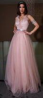 MAXI DRESS ANNE SATIN FEATHERS GLITTER TULLE POWDER PINK