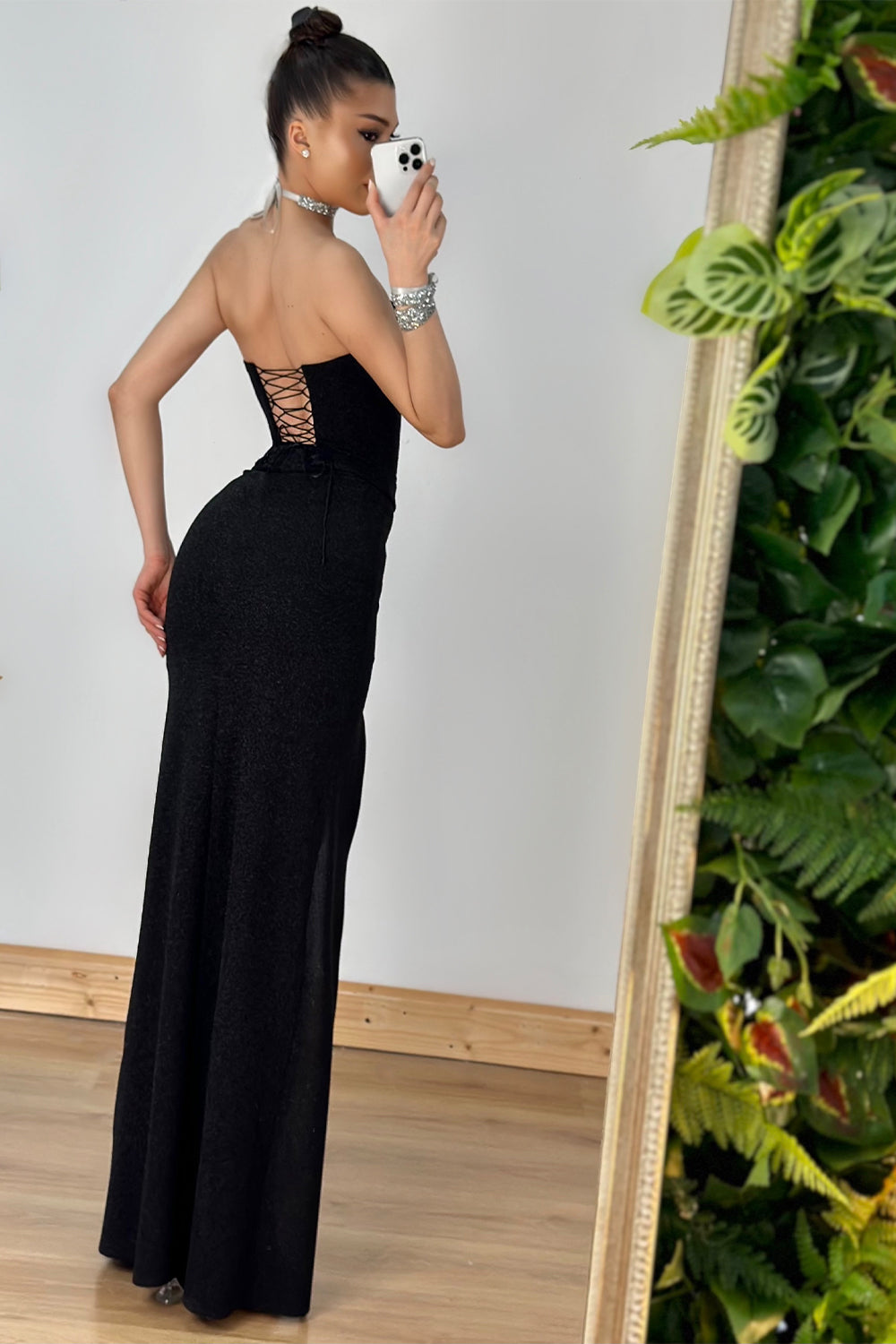 MAXI SKIRT AND CROP TOP SET MELANIA TRICOT LAME BLACK