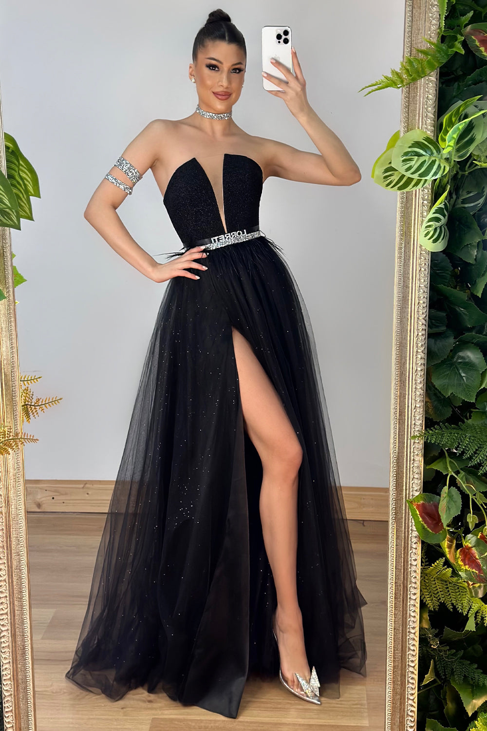 MAXI SKIRT AND CROP TOP SET  ELISE TRICOT LAME GLITTER TULLE BLACK