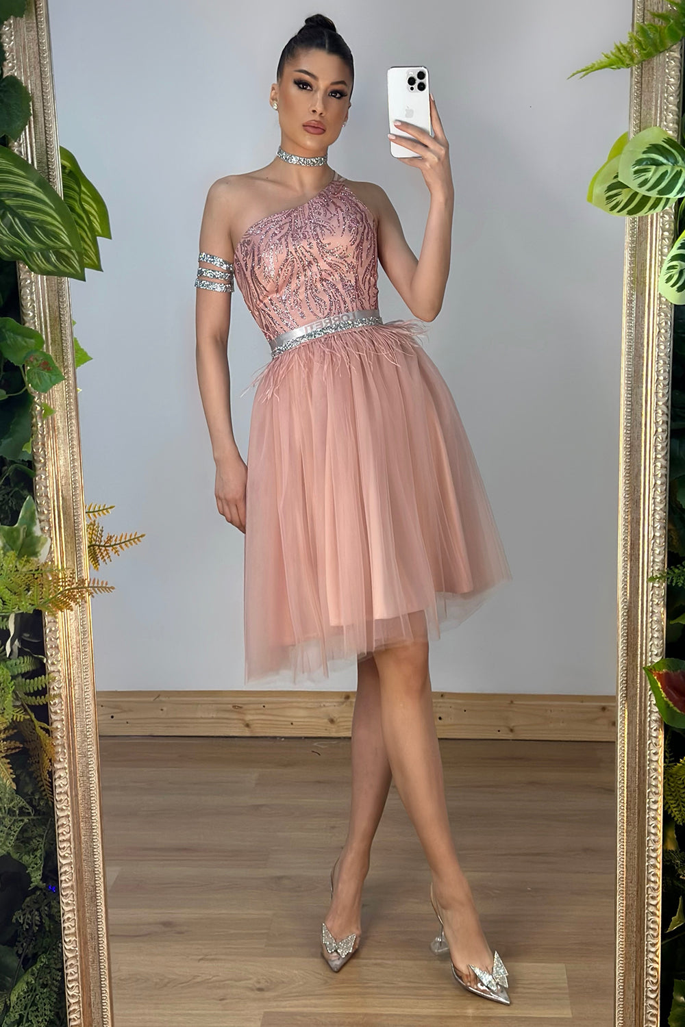 MIDI SKIRT AND CROP TOP SET ANGELA GLITTER LACE TULLE POWDER PINK