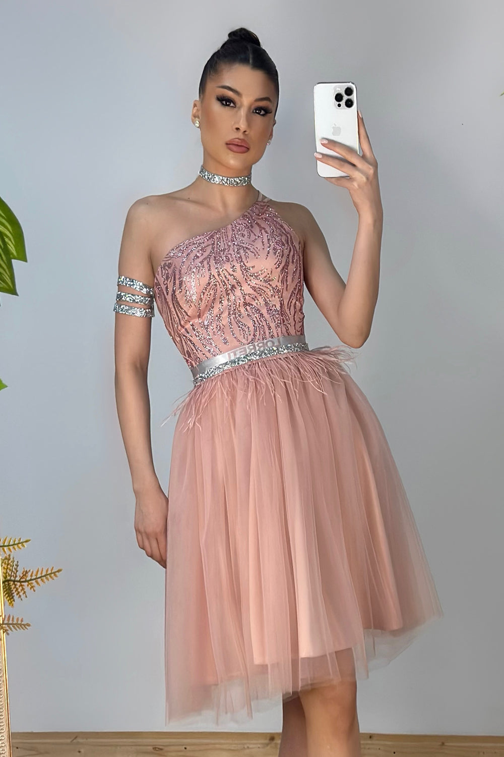 MIDI SKIRT AND CROP TOP SET ANGELA GLITTER LACE TULLE POWDER PINK