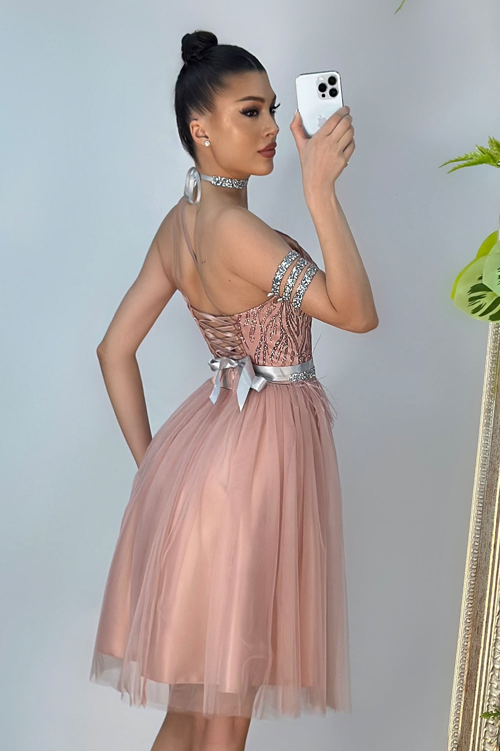 MIDI SKIRT AND CROP TOP SET ANGELA GLITTER LACE TULLE POWDER PINK